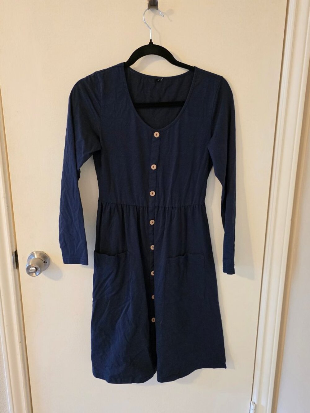 Navy Button Front Long Sleeve Pocket Dress